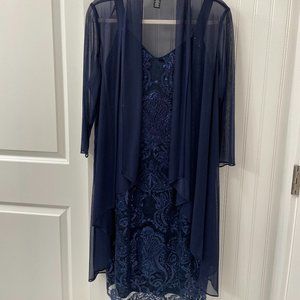 R & M Richards Navy Chiffon Jacket  Sleeveless Lace/Sequin Cocktail Dress Sz14